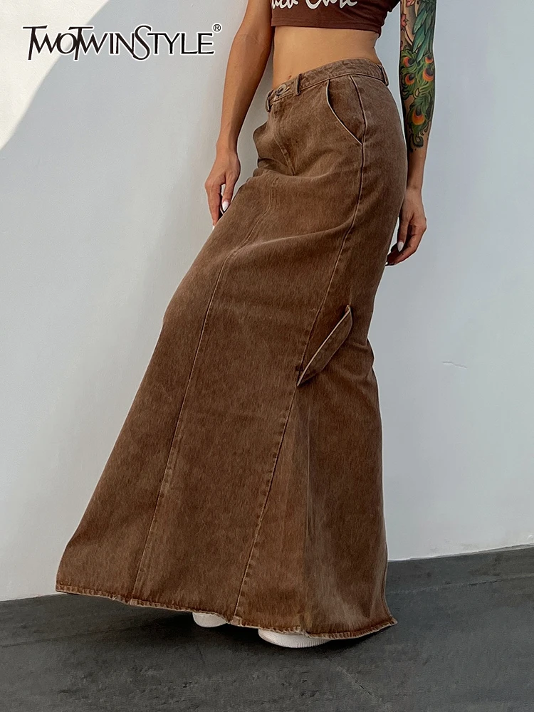 

Женская юбка-трапеция TWOTWINSTYLE, элегантная повседневная джинсовая юбка-трапеция с высокой талией и карманами в стиле пэчворк