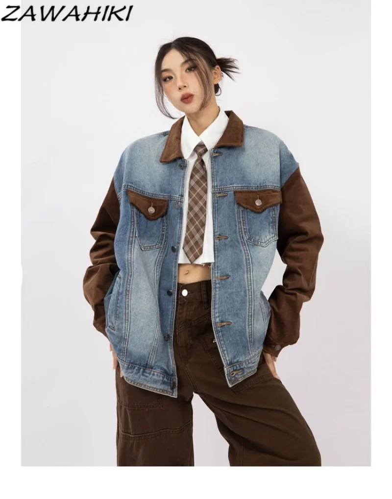 

Vintage Women Blue Denim Jacket Outwear Single-breasted Turndown Collar Patchwork Fashion Street Style Coat Tops Winter Coats