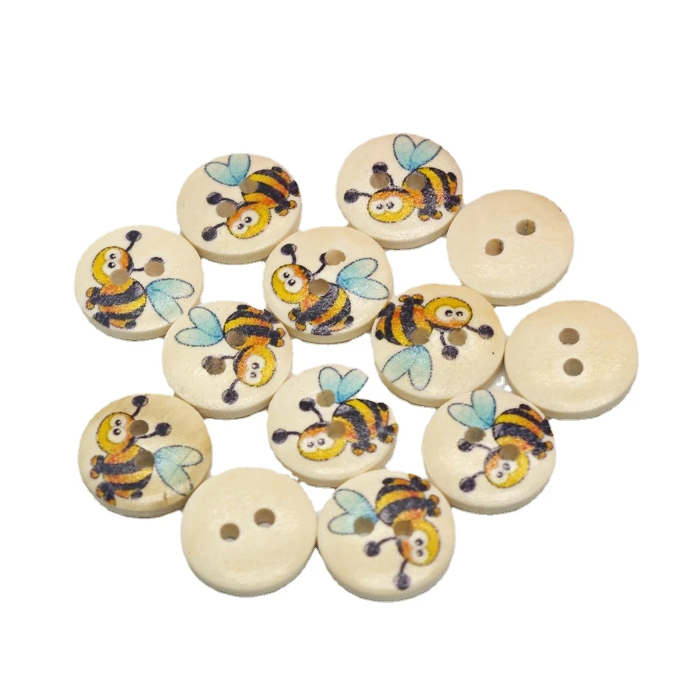 

50PCs Wooden Sewing Buttons Scrapbooking Bee Painting Round 2 Holes 15mm Costura Botones Decorate bottoni botoes CB0050