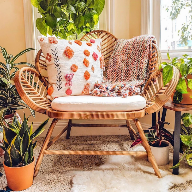 

Flower sofa chair Nordic ins casual balcony rattan chair living room simple peacock vintage chair rattan weaving home