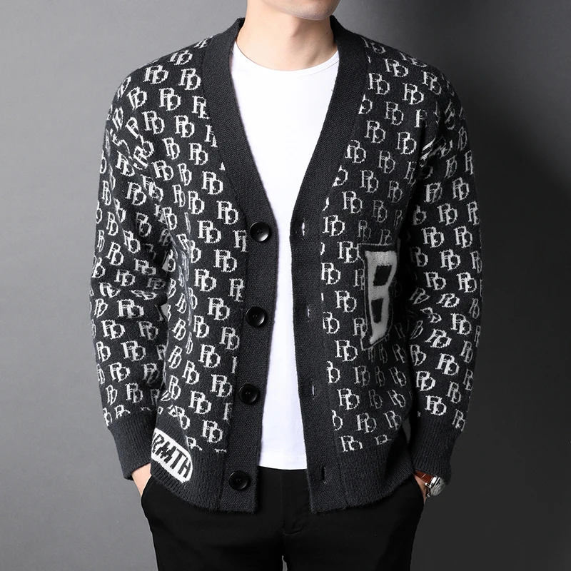 

Мужской трикотажный кардиган, однобортный жаккардовый кардиган с буквенным принтом, Повседневный свитер с V-образным вырезом, размеры до 3XL, весна-осень