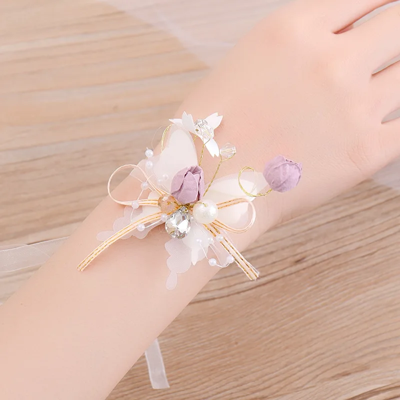 Браслет-бабочка на запястье, Свадебный корсажный браслет с цветами для подружки невесты, шелковая лента с искусственными цветами для свадьбы