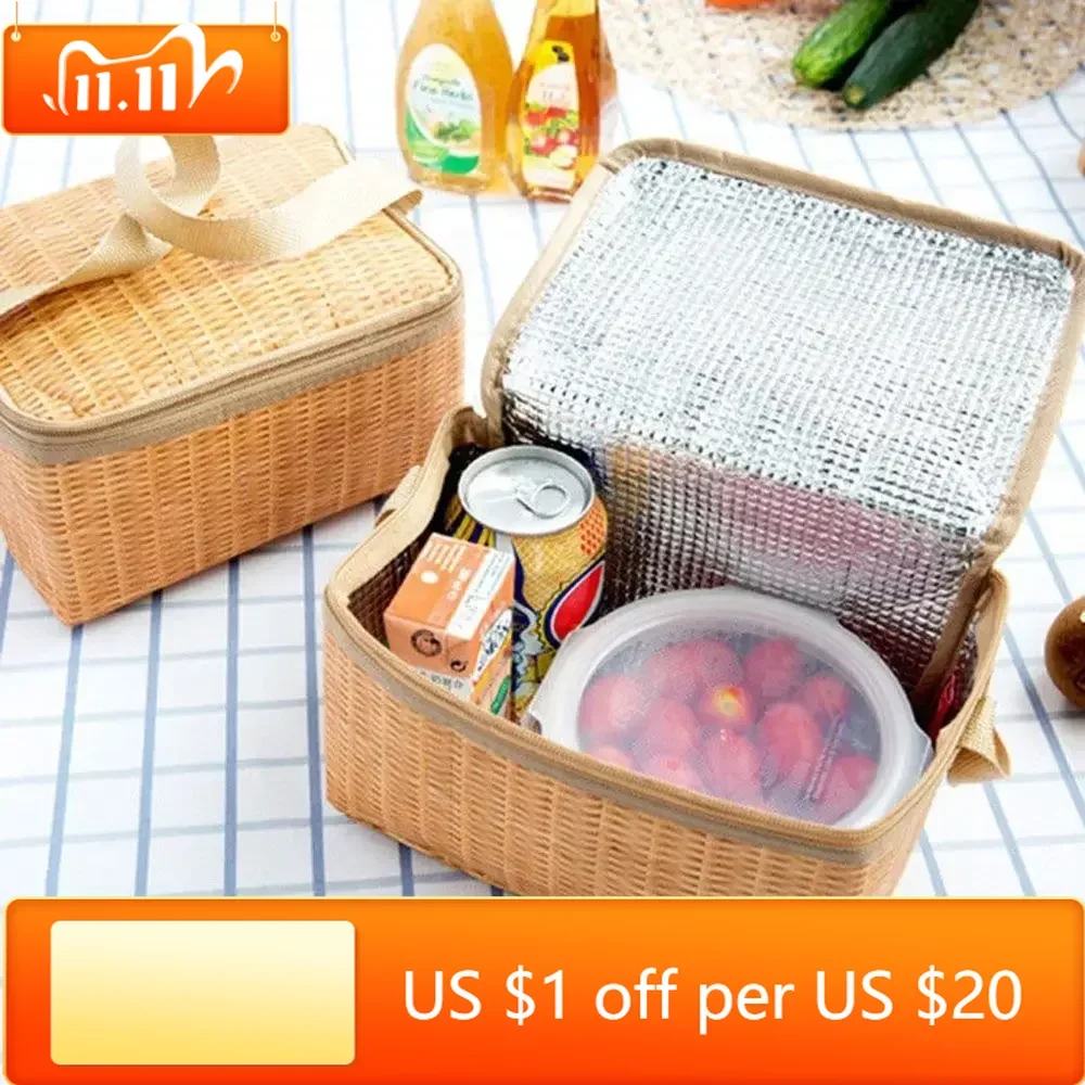 

Artificial Rattan Lunch Bags Portable Insulated Box for Picnic Camping Food Container Thermal Cooler Pouch Tote Storage Handbag