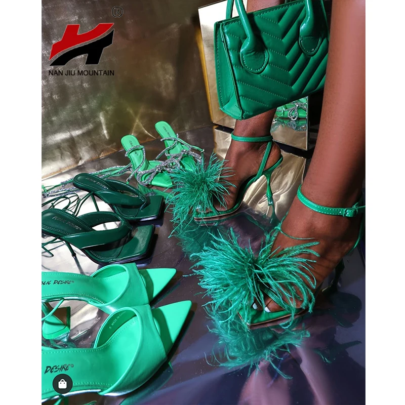 

Женские босоножки на высоком каблуке, летние однотонные женские босоножки на тонком каблуке с пряжкой, модель сандалии, украшенные перьями ...