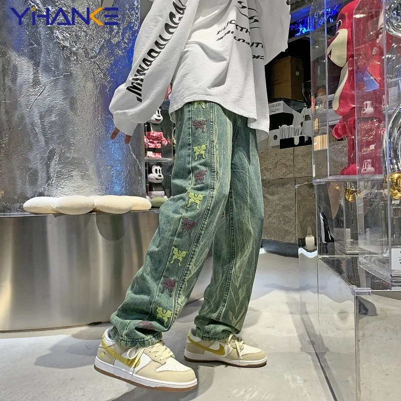 Men Black Jeans Harajuku Butterfly Embroidery Hip Hop High Street Loose Straight Leg Daddy Pants Man Trousers S-3XL Black Jeans