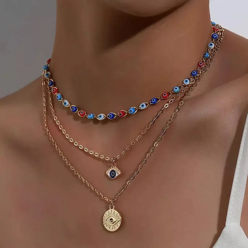 

Handmade Colorful Beads Necklace Fashion Eye Pendant Multi-layer Choker Chunky For Women Neck Accessories Jewelry Gift
