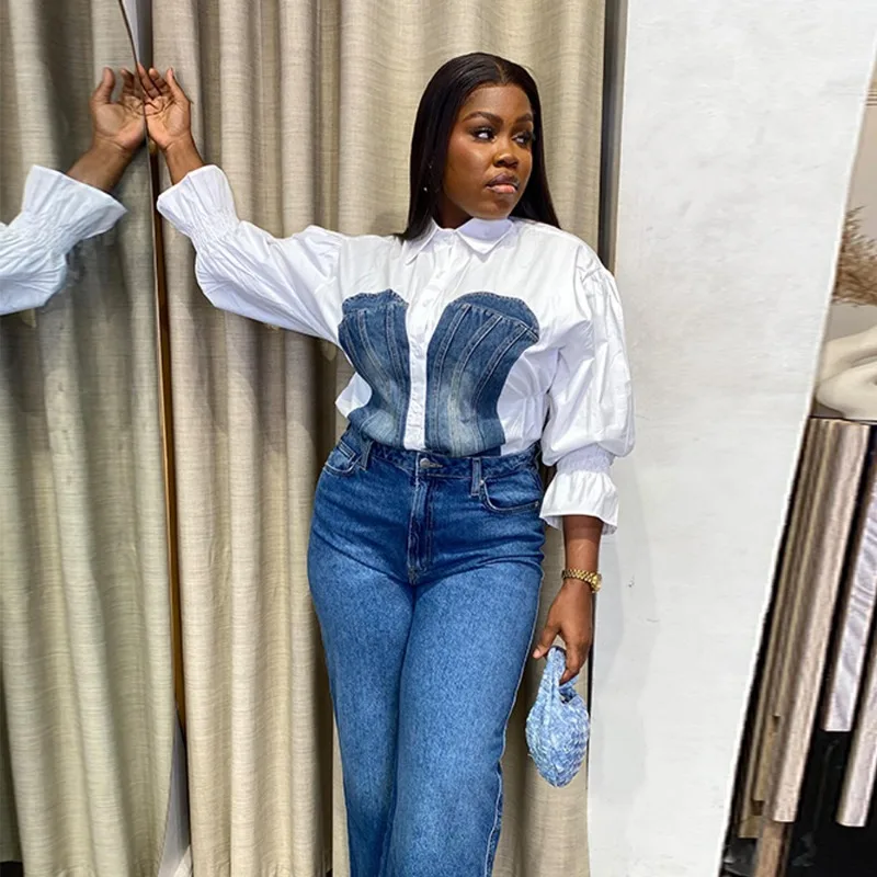 Elegant Denim Patchwork Shirts Women Clothing Flare Sleeve Turn-down Collar Button Up Cropped Blouse Blusas Elegante Feminina