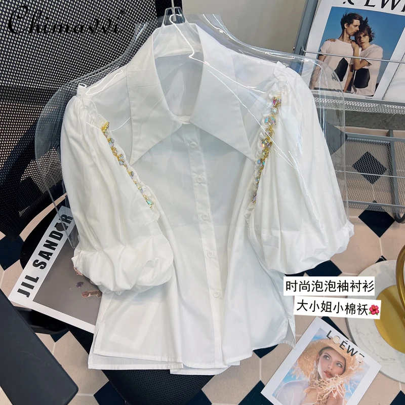 

2022 Summer New Sweet Design Loose Exquisite Rhinestone Lantern Sleeve Pointed Collar Shirt Temperament Blouse Women's Top