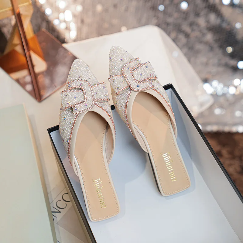 Summer New Half Slippers Fashion Flat Flip Flops Bottom Mules Shoes Sparkling Sandals Small Size Women's Slippers 33-43