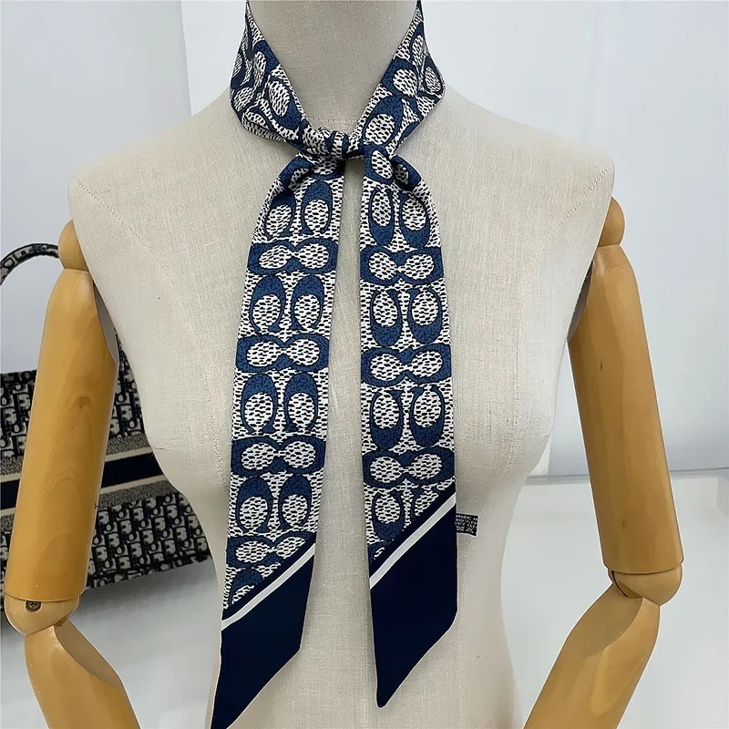 Женский осенне-зимний шелковый шарф маленький длинный тонкий узкий повязка на