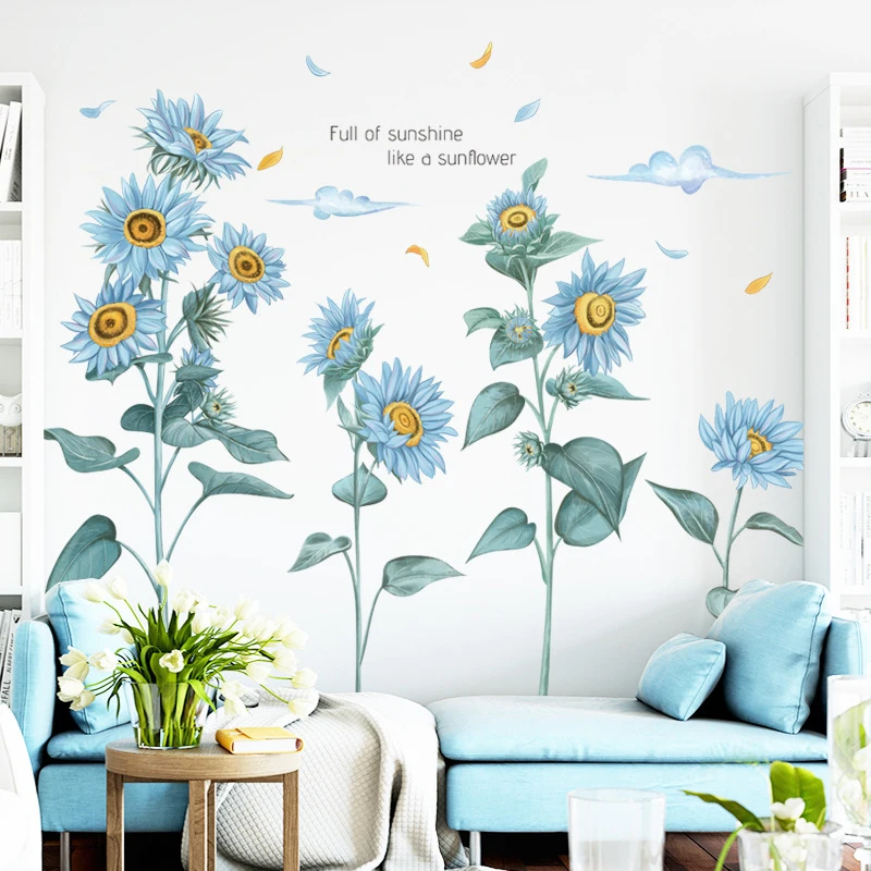 

Blue Sunflower Wall Sticker Plant Flowers Bedroom Sofa Background Living Room Decoration Porch Wall Decor Self-adhesive Sticker