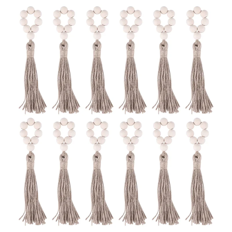 

12 Pcs Wood Bead Napkin Rings with Tassels Rustic Farmhouse Garland Wall Hanging Decor Weddings Table Decoration