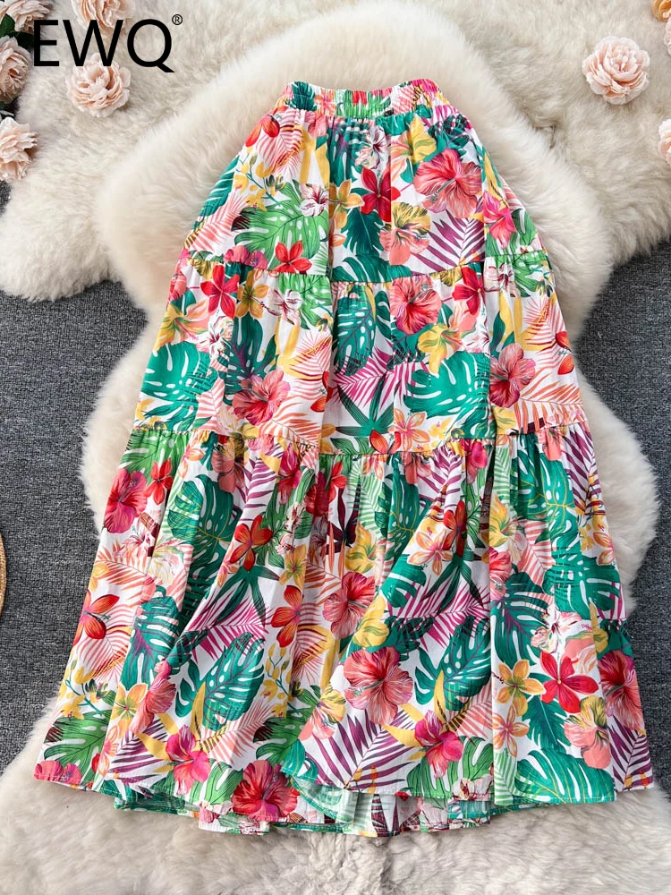 

EWQ Leisure Flower Printed Elastic Waist Folds Skirt Women Casual Pleated Ball Gown Skirts Female 2023 Summer New Tide SM5407