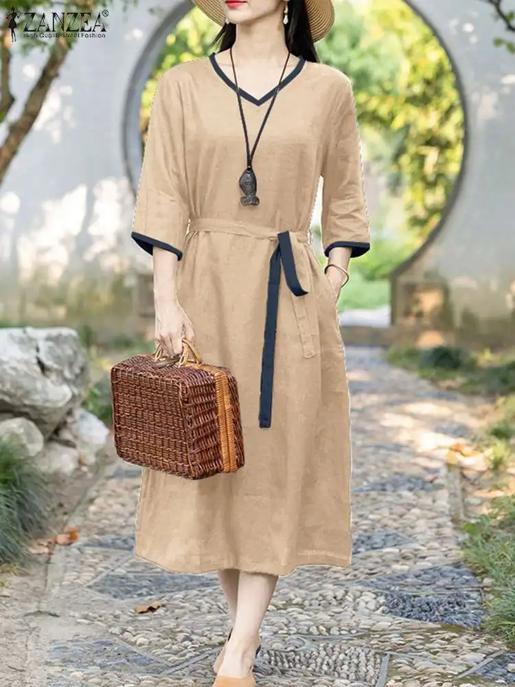 

Women Vintage V Neck 3/4 Sleeve Mid-calf Dress ZANZEA Summer Elegant Patchwork Sundress Robe Femme Casual Party Vestido Kaftan