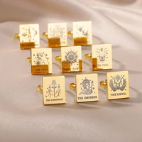 new ins vintage stainless steel square tarot ring engraving tarot world star adjustable rings for women girls fashion jewelry