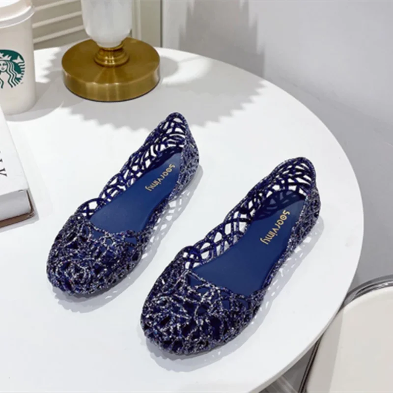 

Women Jelly Shoes Dazzling Blue Gold Flats PVC Slip-Ons Round Toe Breathable Cut-Out Daily Ballet Moccasines Wide Fits EU41-36 9