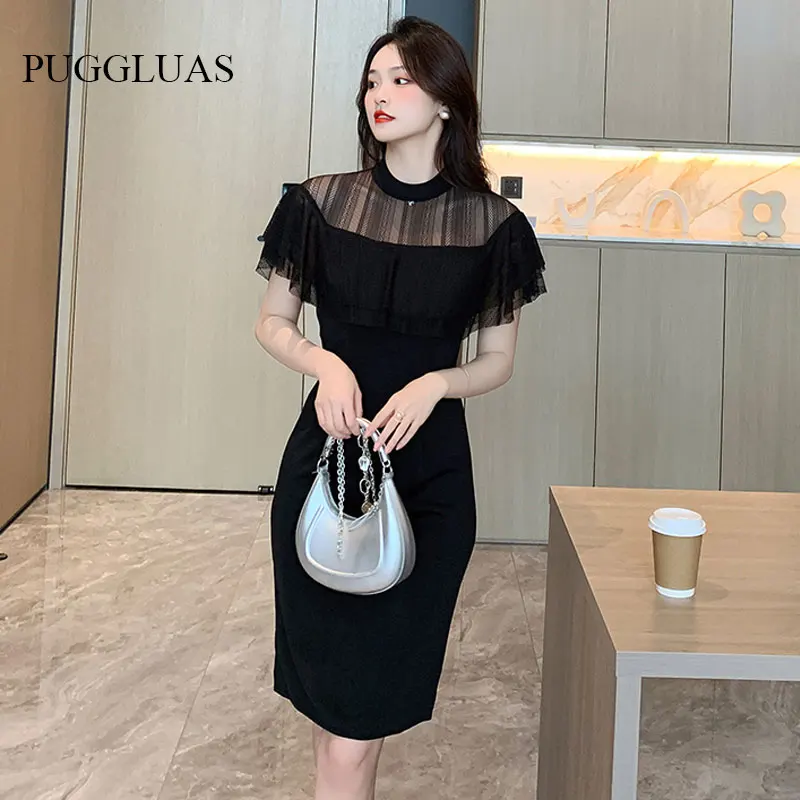 

French Black Mesh Dress Women Fashion Retro Hollow Out Short Sleeve Slim Split Bodycon Mini Dresses Even Party Sundress Vestidos
