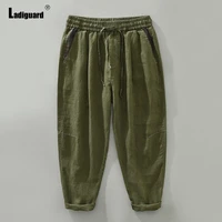 plus size mens casual linen pants 2022 summer new drawstring pencil trouser loose style mens fashion stand pocket sweatpants