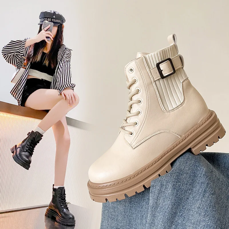 

British Style Martin Boots Women's Autumn Winter New Style Fly Weave Elastic Fashionable Thick Bottom Round Head Lace Up Short