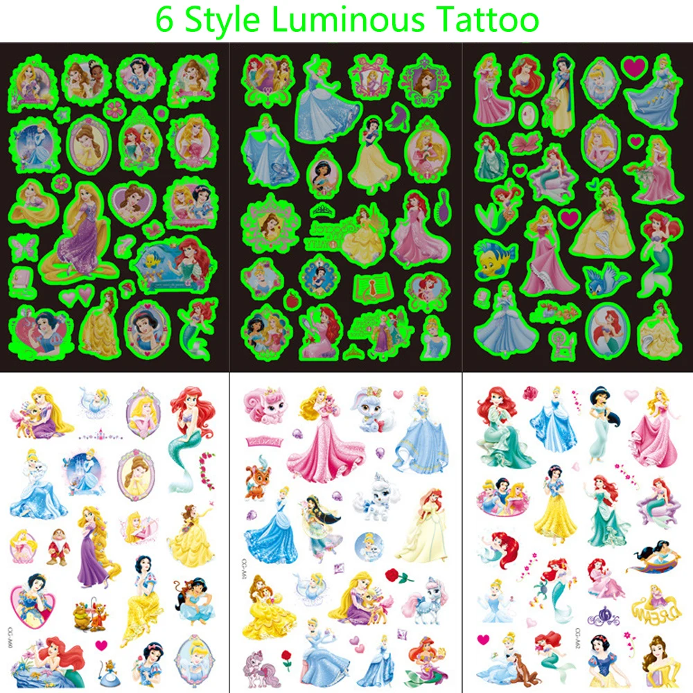 

Disney Princess Luminous Fake Tattoo Stickers Snow White Mermaid Cartoon Temporary Tattoos Kids Arms Face Glowing DIY Body Art