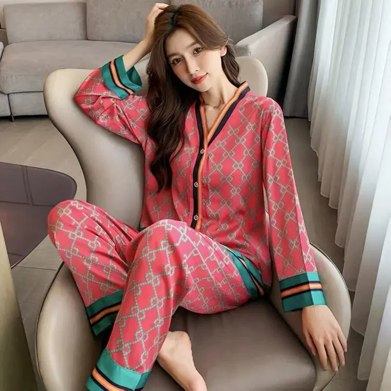 Plus Size Luxury Women Pajamas Set New Long Sleeves Trousers Sexy Robe Homewear Thin Pajamas Sleepwear