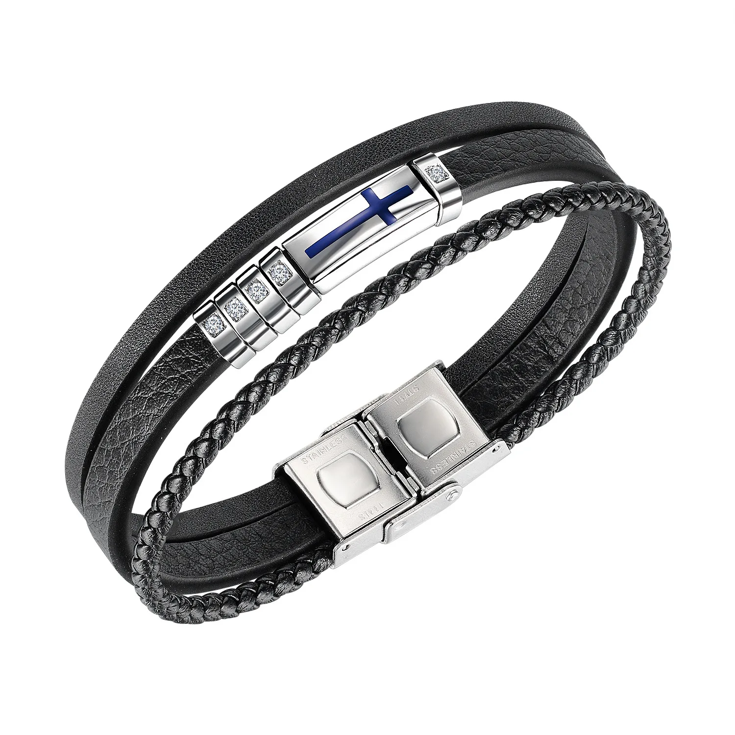 

Men's Vintage Cross Encrusted Diamond Bracelet Multi-layer Leather Bracelet
