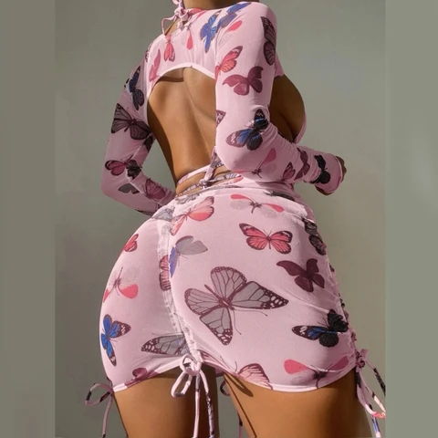 4Pc Swimsuit for Women Halter Bikinis Lace Up Swimwear with Beach-Skirt Sexy Butterfly-Print Bathing Suit Beachwear Dropshipping