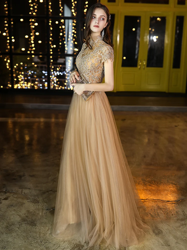 

Gold Fancy Evening Dresses Long Modest Neck Luxury Appliques A-Line Floor-Length Tulle Women Prom Gowns For Red Carpet