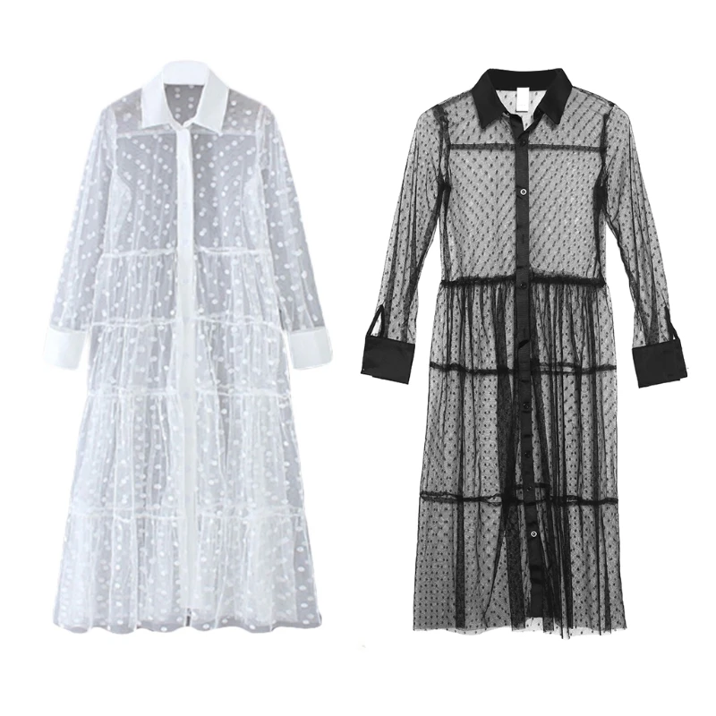 

Women Polka Dot Sheer Mesh Maxi Long Dress Lapel Collar Button Down Cover Ups