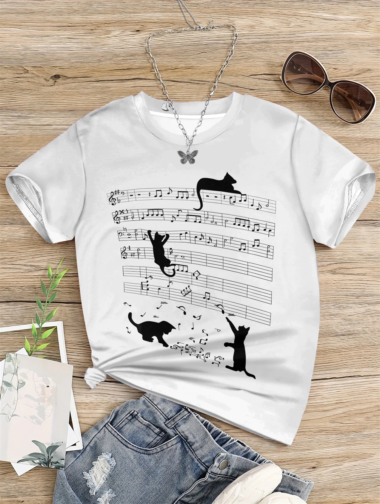 Повседневная футболка для девочек 5–14 лет с принтом кошек и музыкальных нот