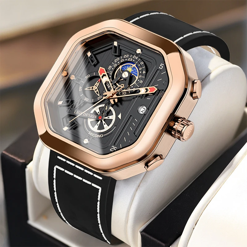 

2022 LIGE Brand Luxury Watch for Men Retro Square Mens Watches Waterproof Leather Quartz Wristwatch Date Moon Phase Clock