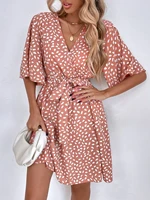 allover print butterfly sleeve belted dress