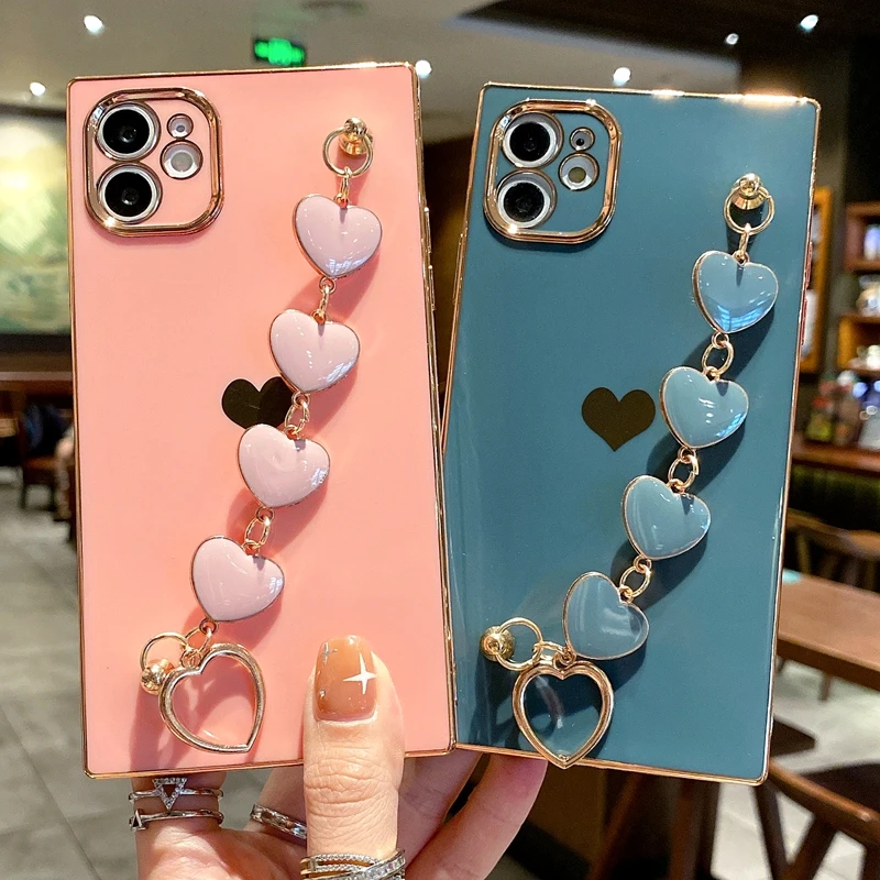 

Electroplated Square Love Heart Phone Case For iPhone 11 12 Pro Max XS X XR 7 8 Plus Mini SE 2020 Bracelet Bumper Back Cover
