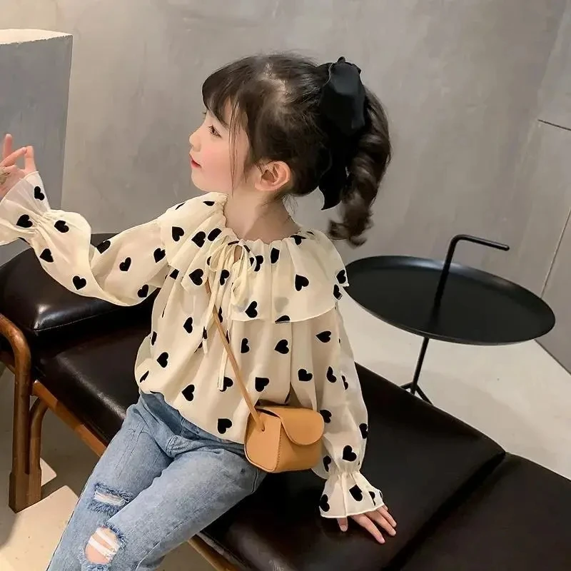 

Girls Shirts Kids Pink White Heart Print Blouse Girl 8-12 Girl Top Ruffles children 12t Chiffon Blouses School Outfit for Teens