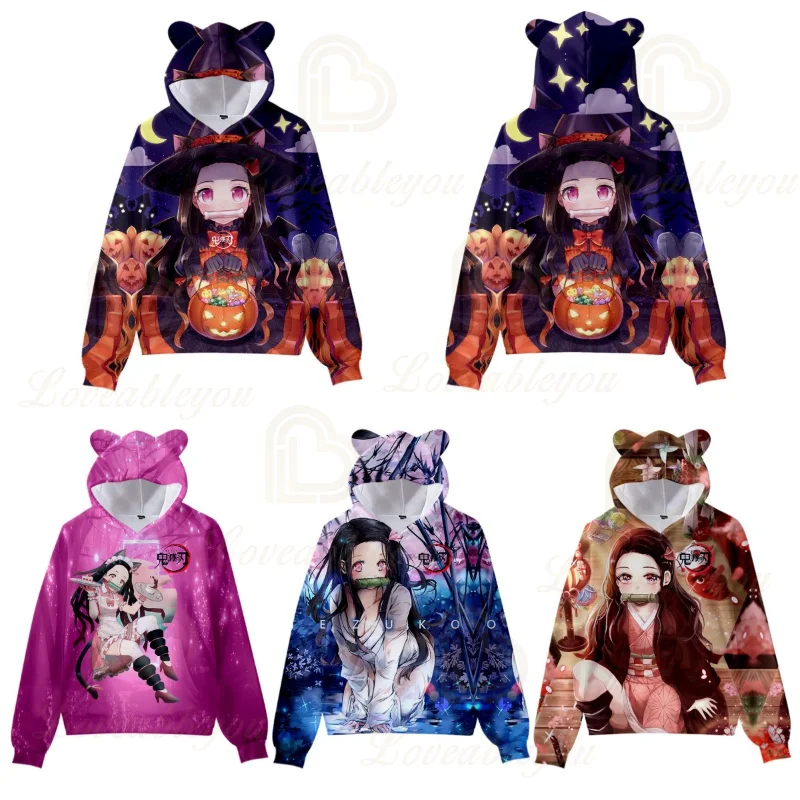 

Autumn Winter Sweatshirt Men and Women Cat Ear Hoodies Anime Demon Slayer 3d Hooded Jacket for Boys Harajuku Cosplay Costume