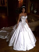 luxious beaded crystals sweetheart ballgown wedding dresses cathedral train satin robes de mariage bridal gowns