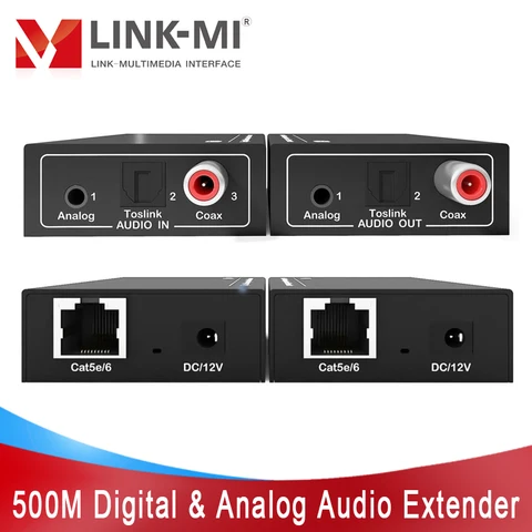 Цифровой и аналоговый аудиоудлинитель LINK-MI 500 м, кабель Cat5e/6 поддерживает двойной POC, коаксиальный/оптический/Toslink, автоматическое определение аудиовхода