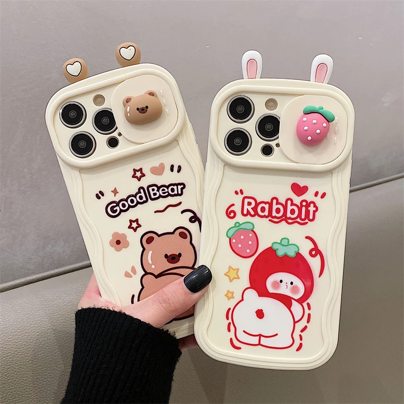 

Lovely 3D Ears Bunny Bear Phone Case For iPhone 14 13 12 11 Pro Max 14 Plus Soft Silicone Cartoon Camera Protector Cover