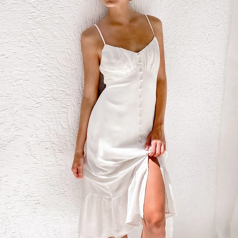 

Женское платье на бретельках-спагетти, белое платье-трапеция из хлопка и льна для отпуска с V-образным вырезом, повседневные платья с рюшами и пуговицами, лето 2023