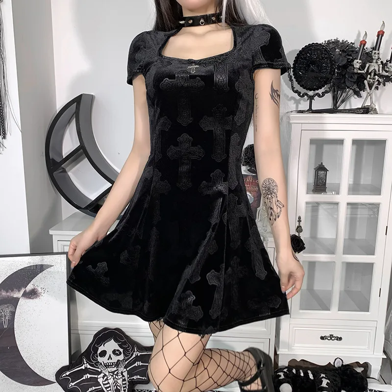 

Dark Black Sexy Velvet Short Dress Women Spring Summer 2022 New American Women Sexy Mini Dress School Girls Skirt SXHLYQ579