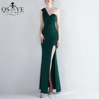 one shoulder green evening dresses simple sheath stretchy prom gown ruched party dress sexy split plain women fit formal gown