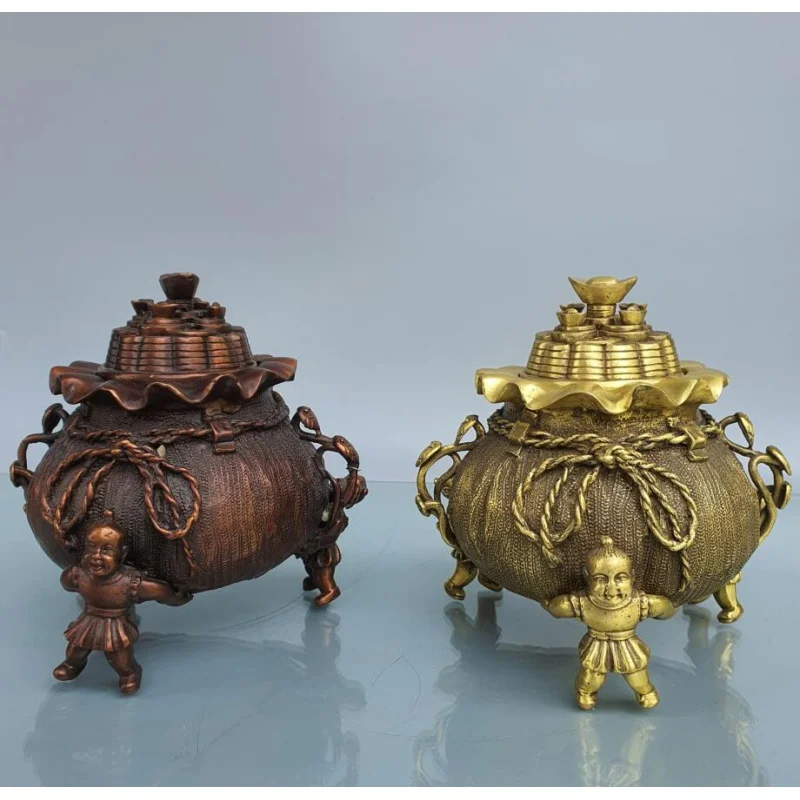 

China brass boy money bag Incense burner crafts statue