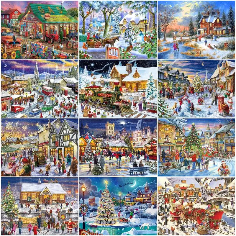

PhotoCustom Diamond Painting Winter house Diamond Embroidery Snow Cross Stitch Fish 5D DIY Mosaic Landscape Rhinestone Art Home