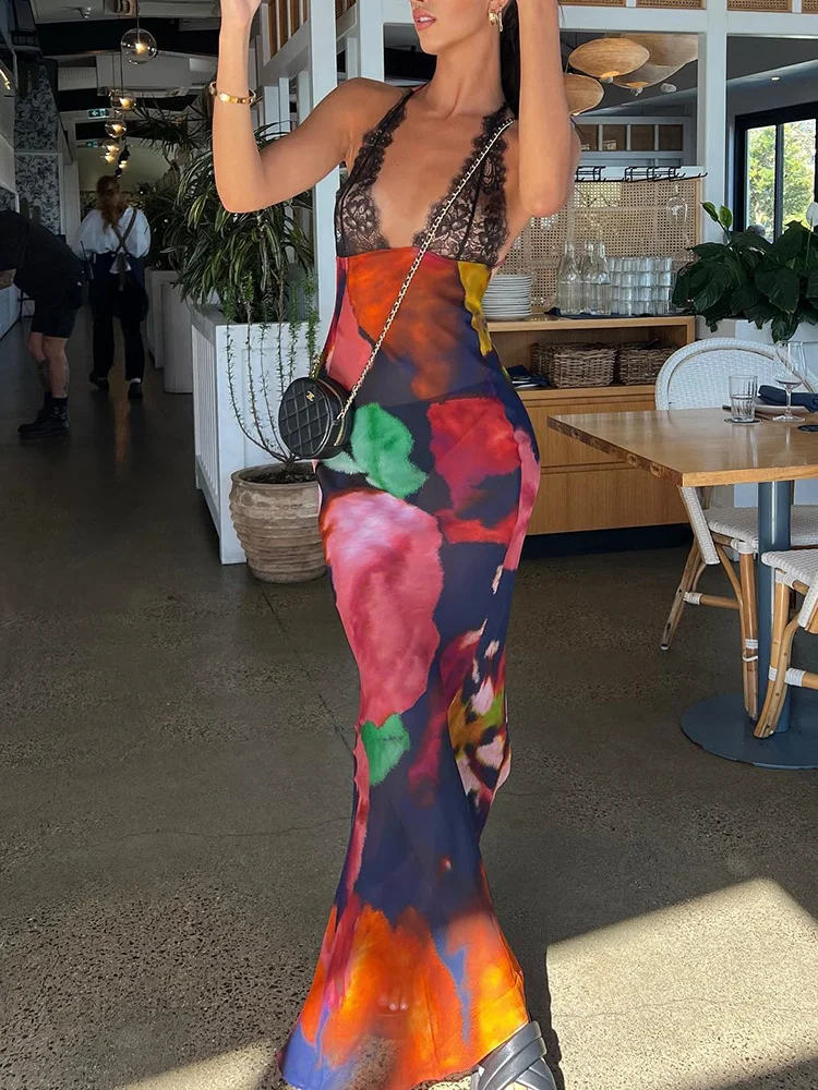 

JULISSA MO Elegant Tie Dye Floral Chiffon Dress Summer Sexy Women Backless Lace Bodycon Long Dresses 2023 Beach Party Vestidos