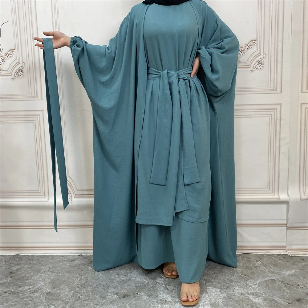 3 Piece Abaya Set Butterfly Kimono+Sleeveless Dress+Pleat Wrap Tie Skirt Islamic Clothing Women Dubai Muslim Outfit Ramadan Eid