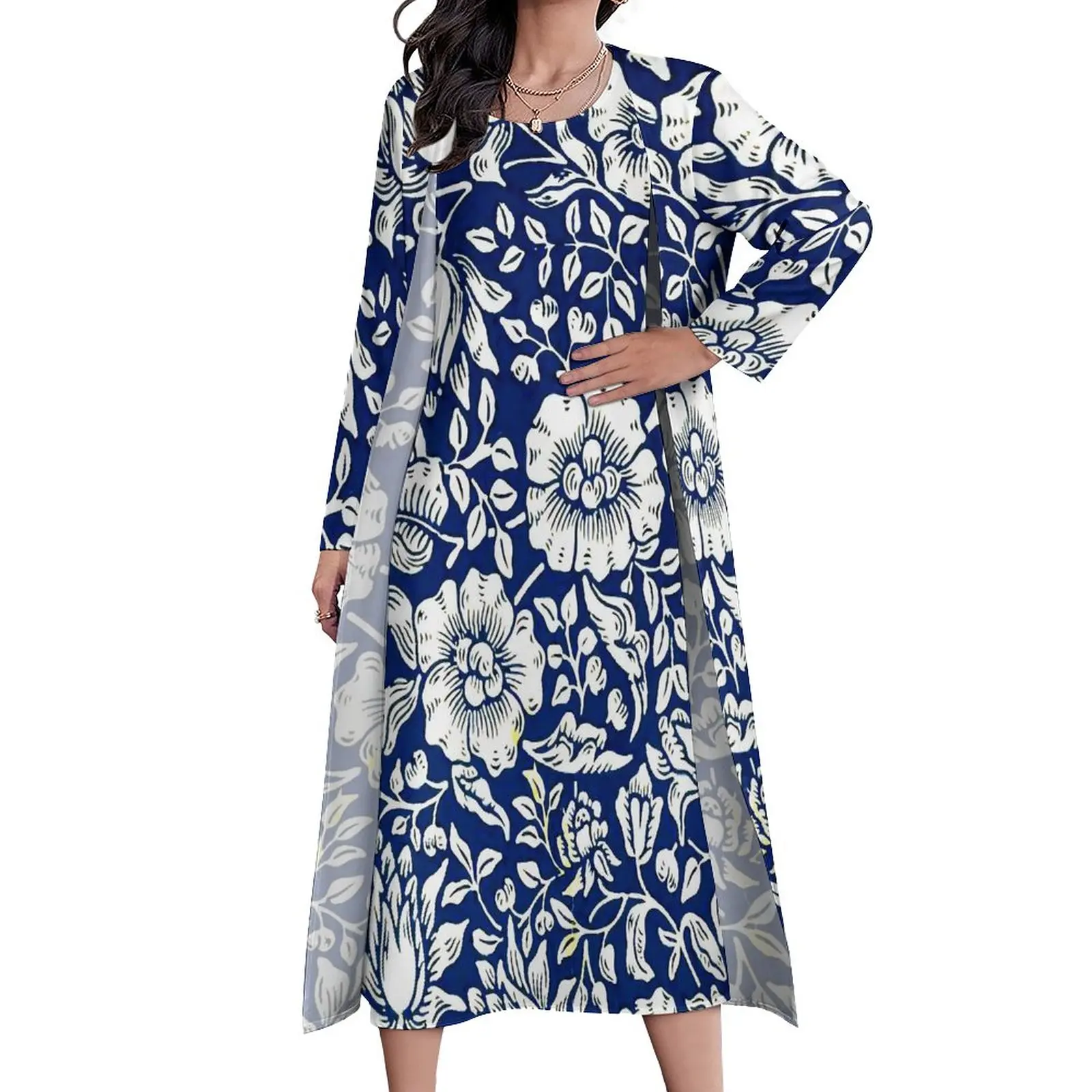 

Vintage Floral Dress Blue Mallow Vintage Maxi Dress Street Wear Casual Long Dresses Autumn Two Piece Pattern Vestido Big Size