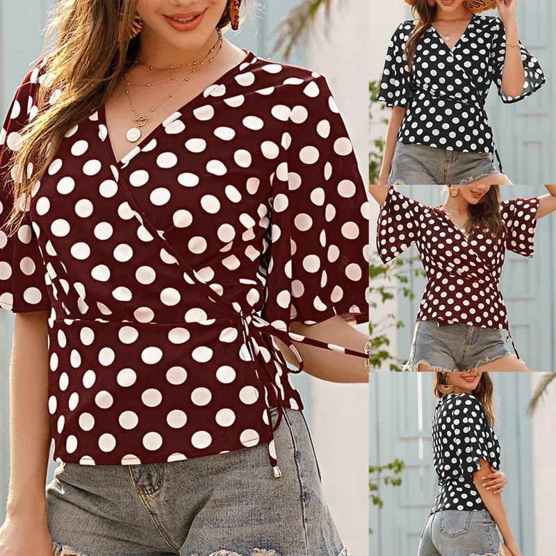 

Женская шифоновая рубашка в горошек, с коротким рукавом и V-образным вырезом