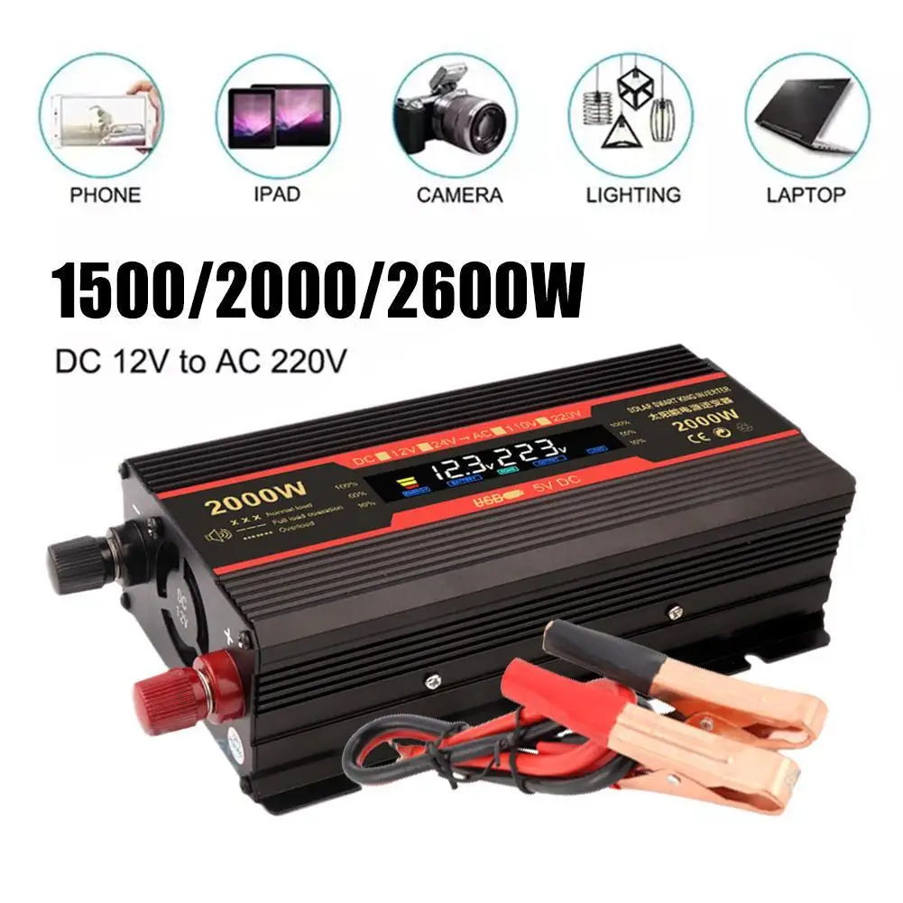 

Автомобильный инвертор с европейской розеткой, 12 В, 220 В, мощность 1500 Вт/2000 Вт/2600 Вт, преобразователь 2 USB Webasto 12 В, 24 В до 220 В, автомобильный инвертор, трансформатор солнечной батареи