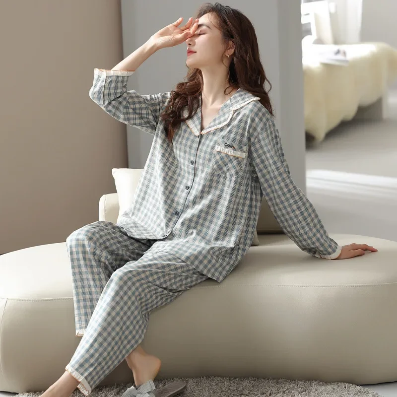 Женский клетчатый кардиган из чистого хлопка одежда для сна с длинными рукавами