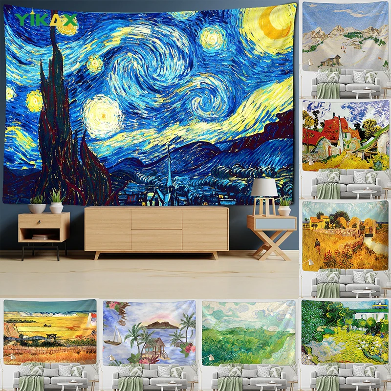 

Tapestry Famous Van Gogh Print Wall Hanging Blanket Aesthetic Star Moon Night Fabric Living Room Bedroom Modern Home Decoration